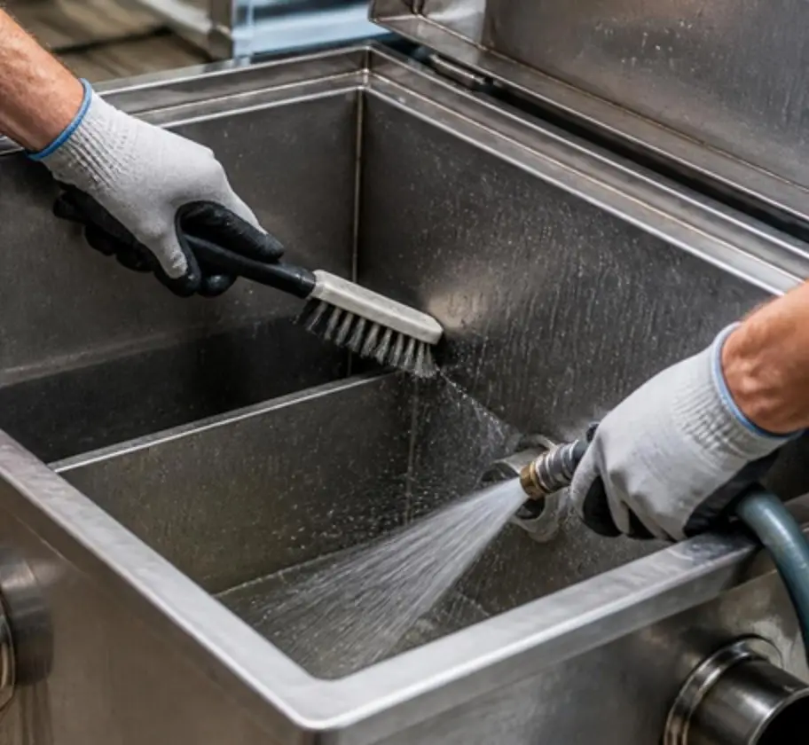 Hände in Arbeitshandschuhen reinigen einen Edelstahl-Fettabscheider mit Bürste und Wasser